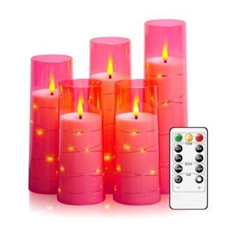 Flameless LED Candles with Timer 5 Pc Flickering Flameless Candles for Romantic Ambiance and Home Decoration Stable Acrylic Shell,with Embedded Star String，Battery Operated...