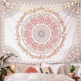 FLY SPRAY Mandala Tapestry Aesthetic,Boho Tapestry Wall Hanging,Pink Floral Medallion Tapestries,Bohemian Wall Art Hippie Decor for Bedroom Living Room Dorm