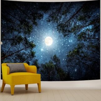 Forest Galaxy Starry Tapestry for Bedroom Ceiling, Blue Space Night Starry Sky Moon Stars Tapestry Aesthetic, Tree Forest Milky Way Backdrop Wall Hanging for Dorm Living Room...