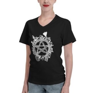 Goth Pentacle Pentagram Wreath Wicca Witch Pagan Women'S V Neck T Shirts Cotton T-Shirt for Women