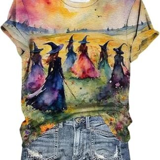 Halloween Witch Party Shirt Women Midsummer Witches Gather Tshirt Vintage Graphic Tee Short Sleeve Casual Fall Tops