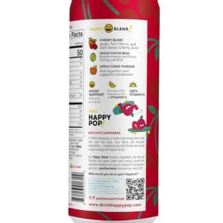 HAPPY POP – Cheery Cherry Sparkling Clean Energy Drink, 100mg Natural Caffeine, Low Sugar, 8.4 fl oz (12-Pack)