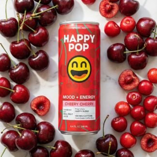 HAPPY POP – Cheery Cherry Sparkling Clean Energy Drink, 100mg Natural Caffeine, Low Sugar, 8.4 fl oz (12-Pack)