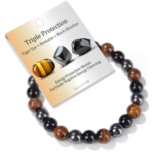 Healing Crystal Triple Protection Bracelet 8mm Crystal Beaded Bracelet for Women Men Natural Stones of Tiger Eye, Hematite, Black Obsidian Handmade Gemstone Reiki Spiritual...