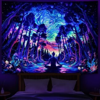 Heopapin Blacklight Psychedelic Forest Meditation Tapestry UV Reactive Cosmic Galaxy Starry Sky Wall Art Tapestry Trippy Yoga Spiritual Chakra Wall Hanging Tapestries for Home...