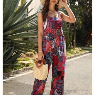 Himosyber Womens Patchwork Dual Pocket Jumpsuit Loose Floral Print Bohemian Wide Leg Bib Overall - lunas-mystic-emporium.com Himosyber Women's Patchwork Dual Pocket Jumpsuit Loose Floral Print Bohemian Wide Leg Bib Overall