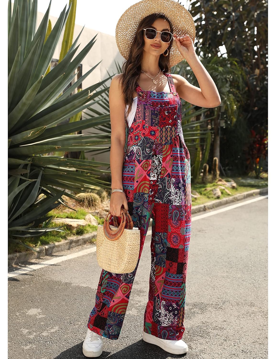 Himosyber Womens Patchwork Dual Pocket Jumpsuit Loose Floral Print Bohemian Wide Leg Bib Overall - lunas-mystic-emporium.com Himosyber Women's Patchwork Dual Pocket Jumpsuit Loose Floral Print Bohemian Wide Leg Bib Overall