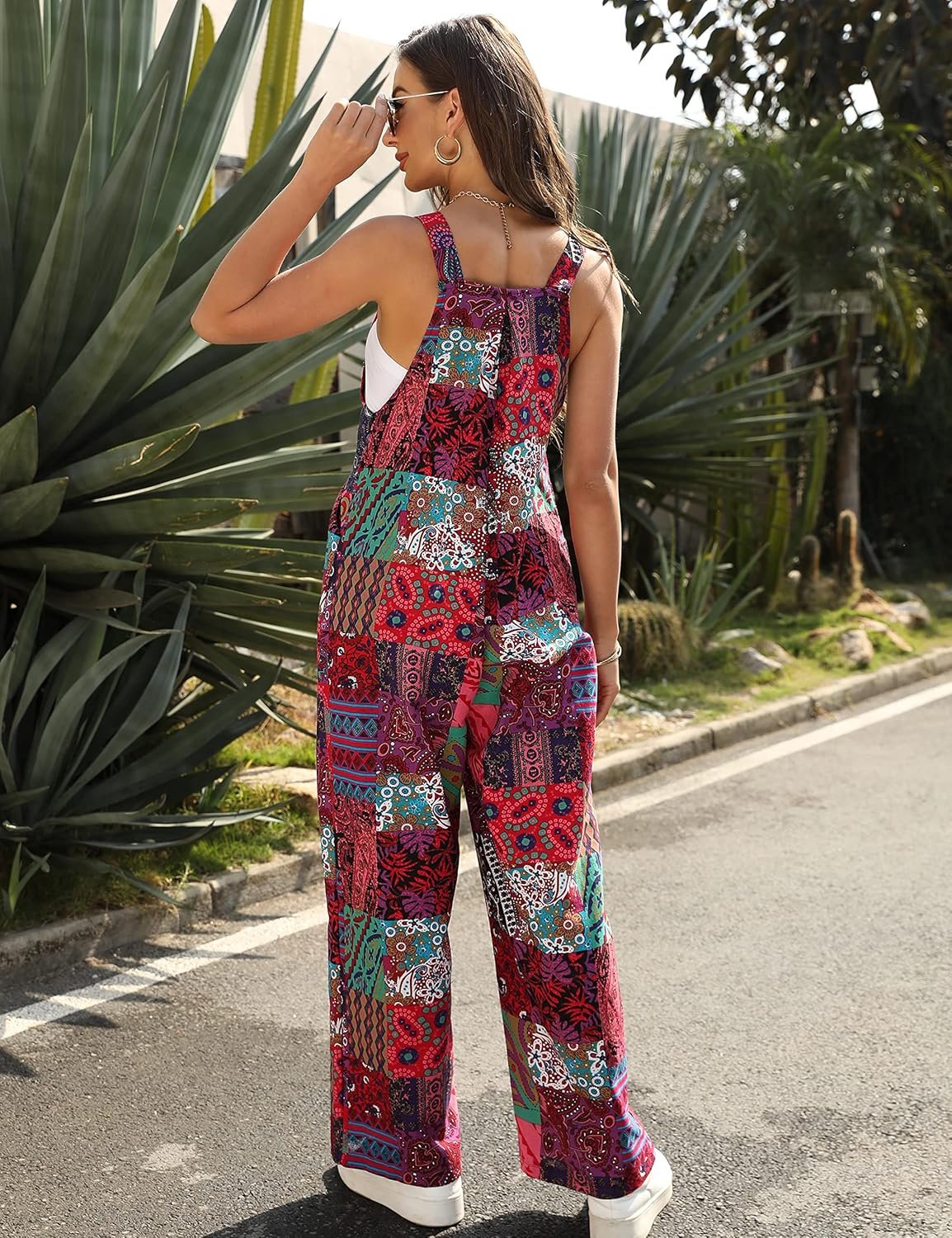 Himosyber Womens Patchwork Dual Pocket Jumpsuit Loose Floral Print Bohemian Wide Leg Bib Overall - lunas-mystic-emporium.com Himosyber Women's Patchwork Dual Pocket Jumpsuit Loose Floral Print Bohemian Wide Leg Bib Overall