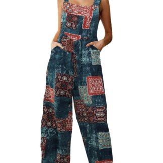 Himosyber Womens Patchwork Dual Pocket Jumpsuit Loose Floral Print Bohemian Wide Leg Bib Overall - lunas-mystic-emporium.com Himosyber Women's Patchwork Dual Pocket Jumpsuit Loose Floral Print Bohemian Wide Leg Bib Overall