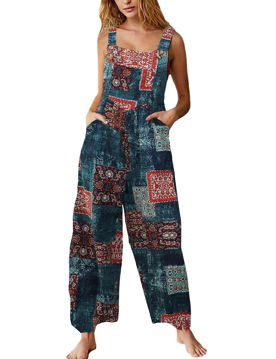 Himosyber Womens Patchwork Dual Pocket Jumpsuit Loose Floral Print Bohemian Wide Leg Bib Overall - lunas-mystic-emporium.com Himosyber Women's Patchwork Dual Pocket Jumpsuit Loose Floral Print Bohemian Wide Leg Bib Overall