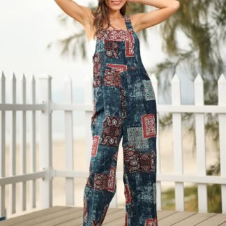 Himosyber Womens Patchwork Dual Pocket Jumpsuit Loose Floral Print Bohemian Wide Leg Bib Overall - lunas-mystic-emporium.com Himosyber Women's Patchwork Dual Pocket Jumpsuit Loose Floral Print Bohemian Wide Leg Bib Overall
