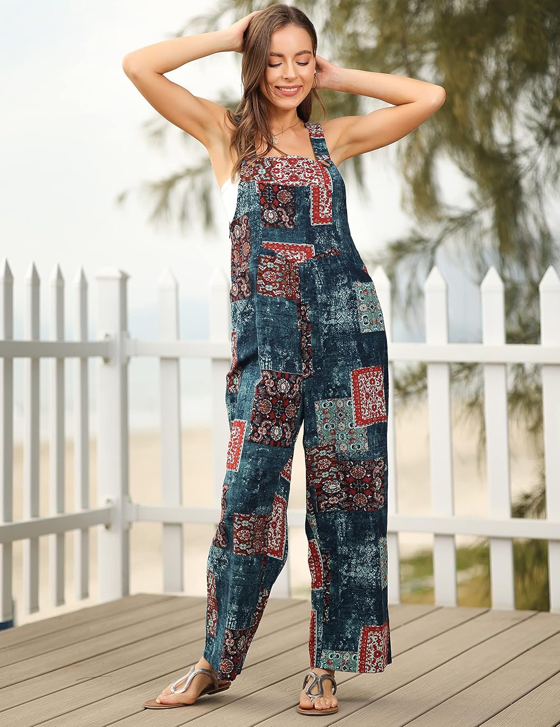 Himosyber Womens Patchwork Dual Pocket Jumpsuit Loose Floral Print Bohemian Wide Leg Bib Overall - lunas-mystic-emporium.com Himosyber Women's Patchwork Dual Pocket Jumpsuit Loose Floral Print Bohemian Wide Leg Bib Overall