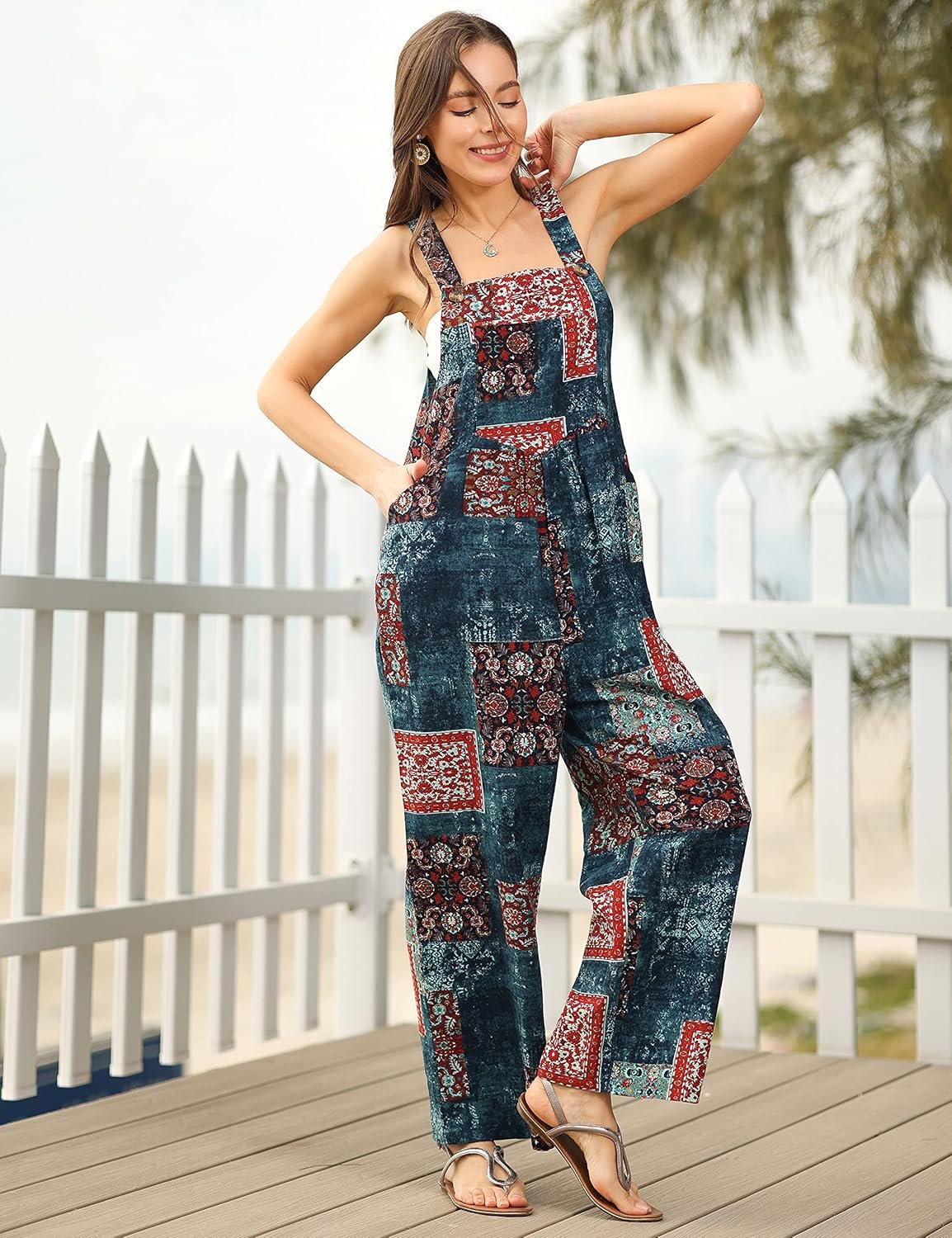 Himosyber Womens Patchwork Dual Pocket Jumpsuit Loose Floral Print Bohemian Wide Leg Bib Overall - lunas-mystic-emporium.com Himosyber Women's Patchwork Dual Pocket Jumpsuit Loose Floral Print Bohemian Wide Leg Bib Overall