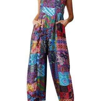 Himosyber Women's Patchwork Dual Pocket Jumpsuit Loose Floral Print Bohemian Wide Leg Bib Overall