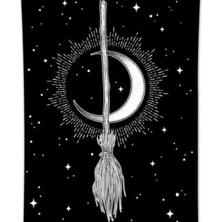 HVEST Halloween Tapestry Witch's Magic Broom Bohemian Crescent Mysterious Moon Stars Black and White Tapestry Psychedelic Hippie Wall Tapestries For Living Room Bedroom Dorm...
