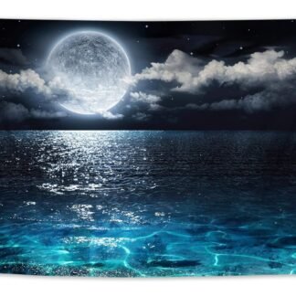 HVEST Ocean Tapestry Wall Hanging Blue Sea Night Sky Natural Scenery Tapestry Moon Over the Ocean Hippie Art Tapestries for Living Room Bedroom Teen Dorm Party Indie Decor,60X40...