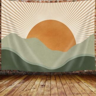 JAWO Boho Sage Green Tapestry, Abstract Mountain Golden Sun Nature Tapestry Wall Hanging for Bedroom, Modern Minimalist Landscape Tapestries Poster Blanket College Dorm Home...