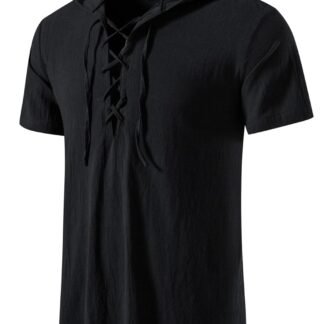 JEMITOP Men's Cotton Vintage Hooded Design Short Sleeve Lace up Shirts for Renaissance Pirate Viking Medieval Costume