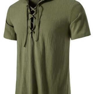 JEMITOP Men's Cotton Vintage Hooded Design Short Sleeve Lace up Shirts for Renaissance Pirate Viking Medieval Costume