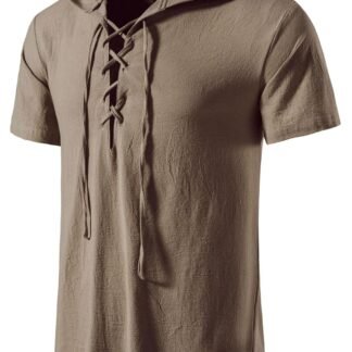 JEMITOP Men's Cotton Vintage Hooded Design Short Sleeve Lace up Shirts for Renaissance Pirate Viking Medieval Costume