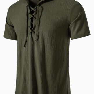 JEMITOP Men's Cotton Vintage Hooded Design Short Sleeve Lace up Shirts for Renaissance Pirate Viking Medieval Costume