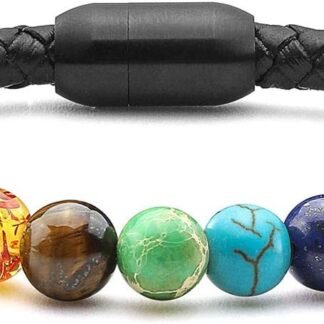 Jovivi Natural 7 Chakra Stones Tiger Eye Beads Bracelet Crystal Healing Anxiety for Men Women Genuine Leather Cuff Bracelets Stainless Steel Buckle