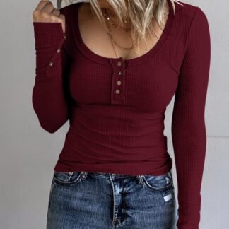 KINLONSAIR Women’s Long Sleeve Henley T Shirts Button Down Slim Fit Tops Scoop Neck Ribbed Knit Shirts