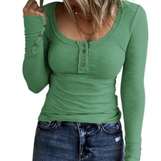 KINLONSAIR Women’s Long Sleeve Henley T Shirts Button Down Slim Fit Tops Scoop Neck Ribbed Knit Shirts