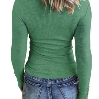 KINLONSAIR Women’s Long Sleeve Henley T Shirts Button Down Slim Fit Tops Scoop Neck Ribbed Knit Shirts