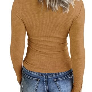 KINLONSAIR Women’s Long Sleeve Henley T Shirts Button Down Slim Fit Tops Scoop Neck Ribbed Knit Shirts