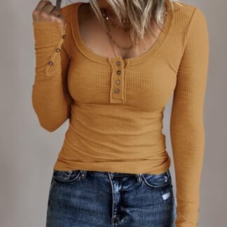 KINLONSAIR Women’s Long Sleeve Henley T Shirts Button Down Slim Fit Tops Scoop Neck Ribbed Knit Shirts