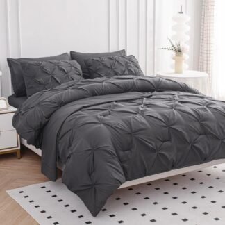 LANE LINEN Queen Comforter Set, 7 Piece Bedding Set, Pillowcases & Shams - Pintuck Comforter & Soft Queen Bed in a Bag Set - Grey