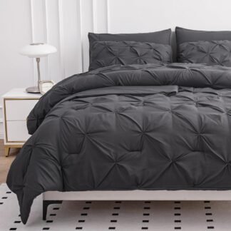 LANE LINEN Queen Comforter Set, 7 Piece Bedding Set, Pillowcases & Shams - Pintuck Comforter & Soft Queen Bed in a Bag Set - Grey
