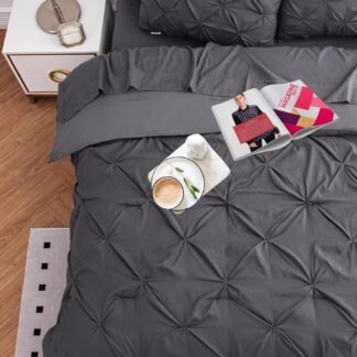 LANE LINEN Queen Comforter Set, 7 Piece Bedding Set, Pillowcases & Shams - Pintuck Comforter & Soft Queen Bed in a Bag Set - Grey