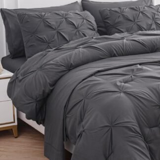LANE LINEN Queen Comforter Set, 7 Piece Bedding Set, Pillowcases & Shams - Pintuck Comforter & Soft Queen Bed in a Bag Set - Grey