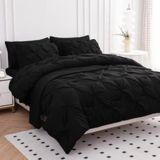 LANE LINEN Queen Comforter Set, 7 Piece Queen Size Bedding Set, Black Comforter with Sheets, Pillowcases & Shams - Pintuck Style