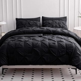 LANE LINEN Queen Comforter Set, 7 Piece Queen Size Bedding Set, Black Comforter with Sheets, Pillowcases & Shams - Pintuck Style