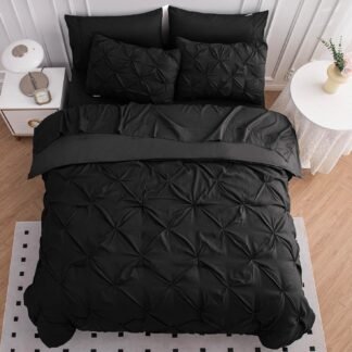 LANE LINEN Queen Comforter Set, 7 Piece Queen Size Bedding Set, Black Comforter with Sheets, Pillowcases & Shams - Pintuck Style