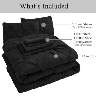 LANE LINEN Queen Comforter Set, 7 Piece Queen Size Bedding Set, Black Comforter with Sheets, Pillowcases & Shams - Pintuck Style