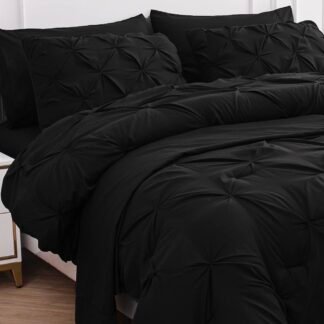 LANE LINEN Queen Comforter Set, 7 Piece Queen Size Bedding Set, Black Comforter with Sheets, Pillowcases & Shams - Pintuck Style