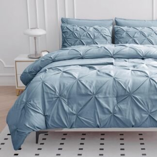 LANE LINEN Queen Comforter Set, 7 Piece Set with Sheets, Pillowcases & Shams - Soft Fluffy Pintuck French Blue
