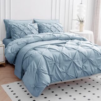 LANE LINEN Queen Comforter Set, 7 Piece Set with Sheets, Pillowcases & Shams - Soft Fluffy Pintuck French Blue