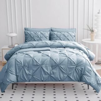 LANE LINEN Queen Comforter Set, 7 Piece Set with Sheets, Pillowcases & Shams - Soft Fluffy Pintuck French Blue