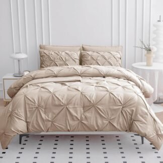 LANE LINEN Queen Comforter Set - 7 Pieces Pintuck Bed in A Bag, Queen Bed Set with Comforters, Sheets, Pillowcases & Shams, Bedding Set - Beige