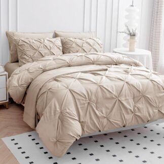 LANE LINEN Queen Comforter Set - 7 Pieces Pintuck Bed in A Bag, Queen Bed Set with Comforters, Sheets, Pillowcases & Shams, Bedding Set - Beige