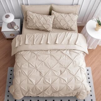 LANE LINEN Queen Comforter Set - 7 Pieces Pintuck Bed in A Bag, Queen Bed Set with Comforters, Sheets, Pillowcases & Shams, Bedding Set - Beige