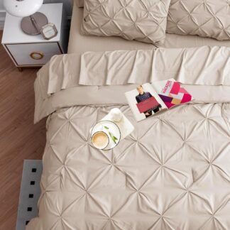 LANE LINEN Queen Comforter Set - 7 Pieces Pintuck Bed in A Bag, Queen Bed Set with Comforters, Sheets, Pillowcases & Shams, Bedding Set - Beige