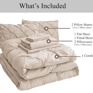 LANE LINEN Queen Comforter Set - 7 Pieces Pintuck Bed in A Bag, Queen Bed Set with Comforters, Sheets, Pillowcases & Shams, Bedding Set - Beige
