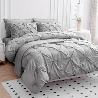 LANE LINEN Queen Comforter Set - 7 Pieces Pintuck Bed in A Bag, Queen Bed Set with Comforters, Sheets, Pillowcases & Shams, Bedding Set - Beige