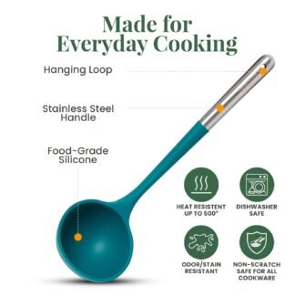 Larder & Vine 12-Piece Silicone Kitchen Cooking Utensils Set with Stainless Steel Handle and Ceramic Holder, Dishwasher Safe Set of Kitchen Essentials (Bondi)